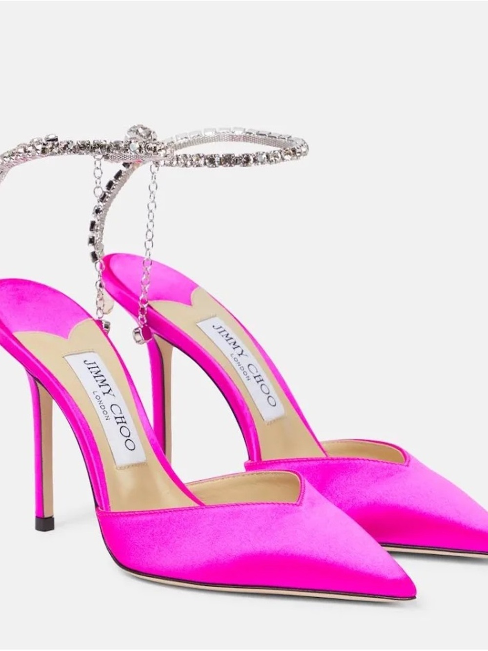 Jimmy Choo Hot Pink Satin Pointed-Toe Stiletto Heels with Rhinestone Ankle Strap